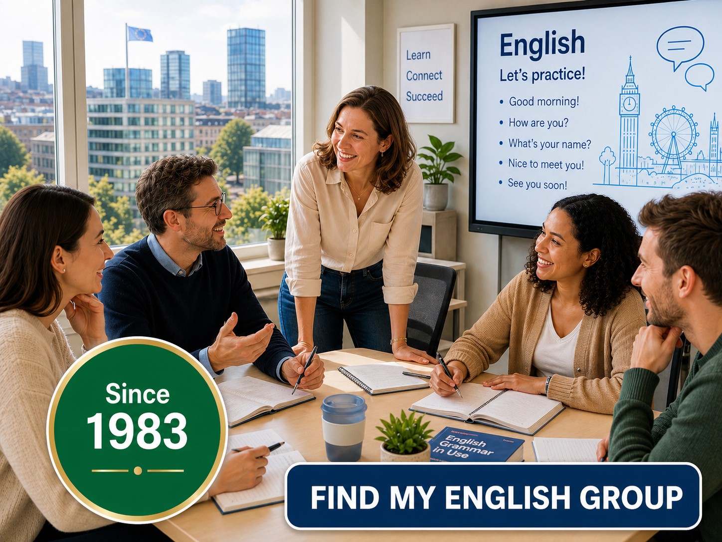 Adults participating in a small English group course at Amira in Brussels